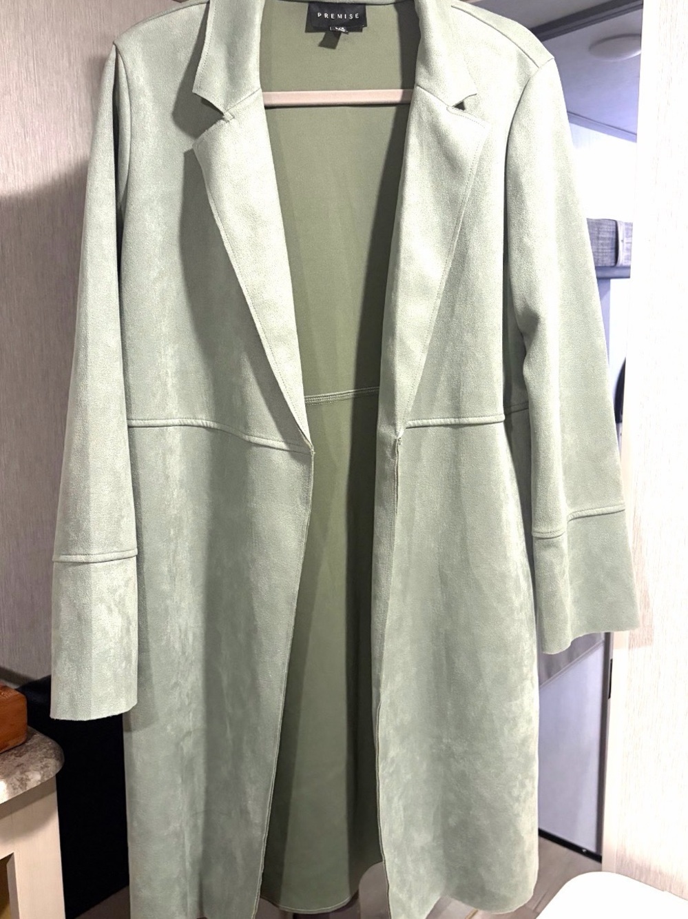 Premise Women's Light Sage Green Open Front Coat Faux Suede